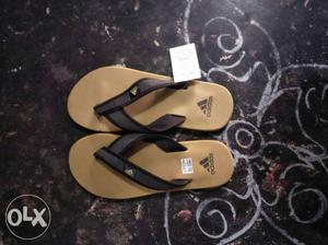 Pair Of Black-and-brown Adidas Leather Flip-flops With Tag