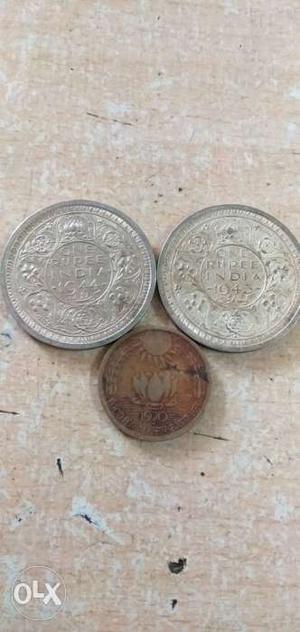 1 rupees 2 silver coins. 20 Paisa 1 metal coins 3 antique