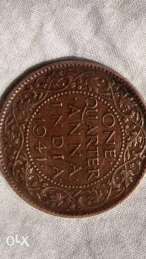 Round  Brown One Quarter Anna Indian Coin