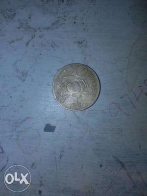 Round Silver-colored 20 Indian Paise Ocin