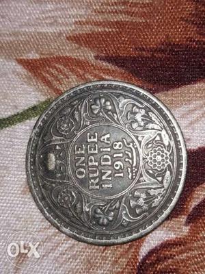  Round Silver-colored India 1 Rupee Coin