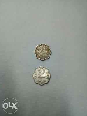 Two Silver-colored 2 India Paise Coins