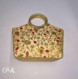 Gold And Red Floral Leather Handbag