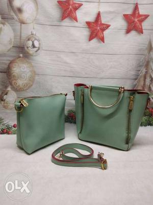 Green Leather Tote Bag And Long Wallet