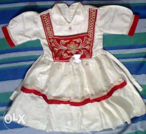 New Frock (with velvet touch) - White & Red color (for 5-8