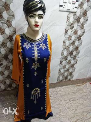 New Yellow and blue colour embroidered kurti XXL size