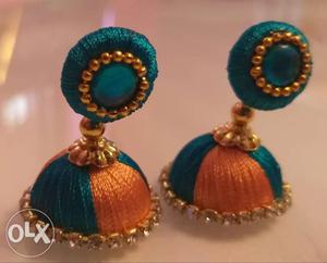 Pair Of Teal-and-orange Silk Thread Jhumkas Earrings