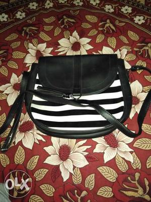 Women's Black And White Striped Leather Sling Bag