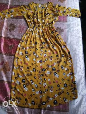 Women's mustard yellow new floral long dress in terrycot