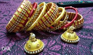 Yellow and red stone Bangles and earings