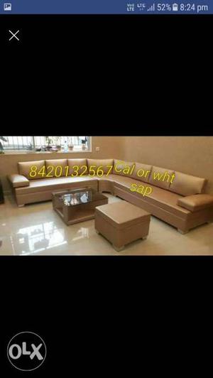 Brown Wooden Framed Brown Padded Sectional Sofa Screenshot