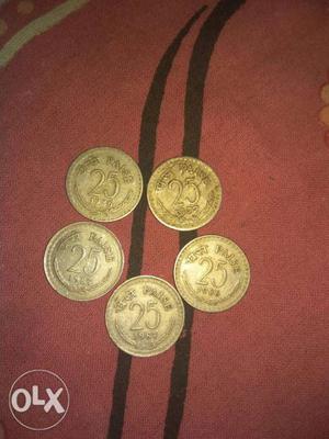 Five Round Silver-colored 25 Indian Paise Coins