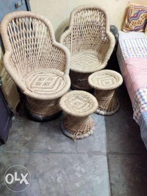 Four Brown Wicker Armchairs And Ottoman Chairs