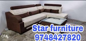 Gray and brown padded l shape sofa set at factory
