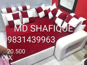 Red And White Fabric Sectional Sofa And Ottoman