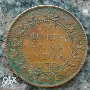 Round Copper-colored 1 Anna India Coin