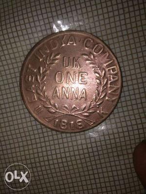 Round  Copper-colored 1 US Anna Coin