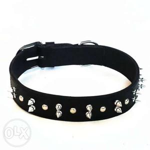 Black Leather And Gray Spiky Dog Collar