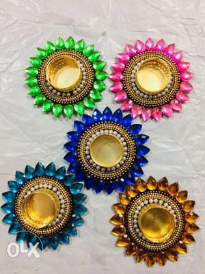 Five Multicolored Floral Candle Holders