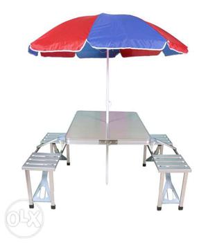 Gray And Blue Patio Chair And Parasol Set