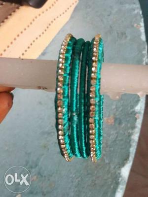 Green Silk Thread Bangles With Gemstones