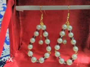 Pair Of Beaded White-and-gold-colored Earrings