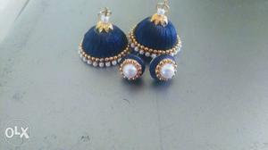 Pair Of Blue-and-gold-colored Silk Thread Jhumkas Earrings
