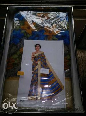 Women's Brown And Blue Floral Sari Dress With Box
