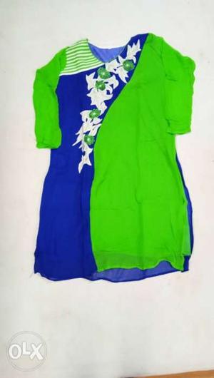 Women's Green And Blue Sleeveless Dress
