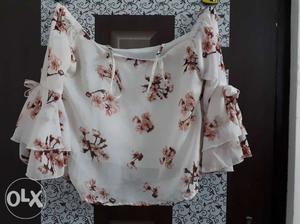 Women's White And Pink Floral Long-sleeved Blouse
