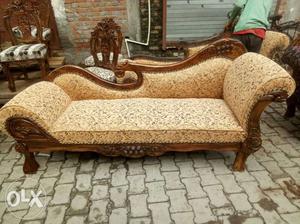 Brown Wooden Framed Beige Padded Couch