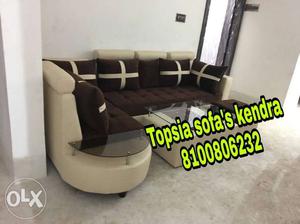 Cream and brown l shape sofa at cost price