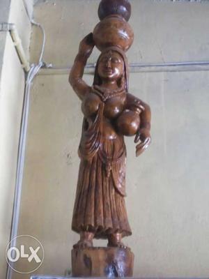 Female Carrying Jar Wooden Statuette