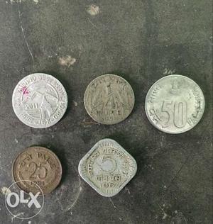 Five Old Coins - 1.4 Rupe, 5 Paise, 25 Paise, 50 Paise