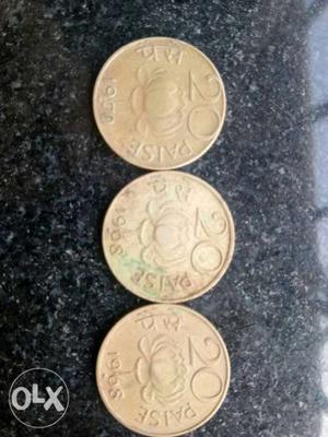 Three 20 Indian Paise Coins