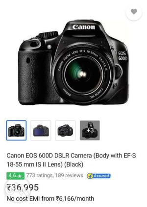 Black Canon EOS 600D DSLR Camera