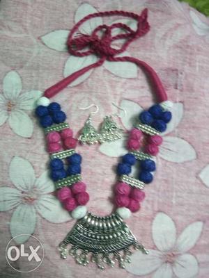 Blue And Pink Necklace And Earrings Set
