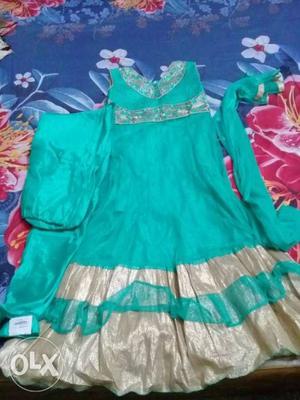 Bluish green colour full length salwar suit with