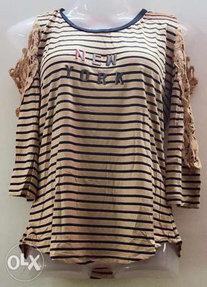 Brown And Black Striped Scoop-neck Long-sleeved Shirt