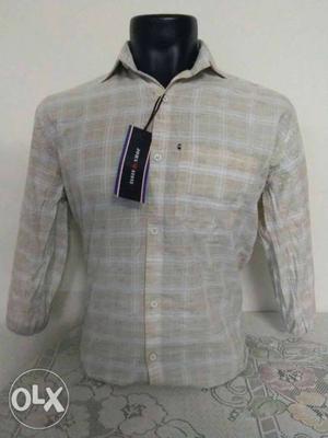 Men's Brown, Gray, And White Plaid Sports Shirt