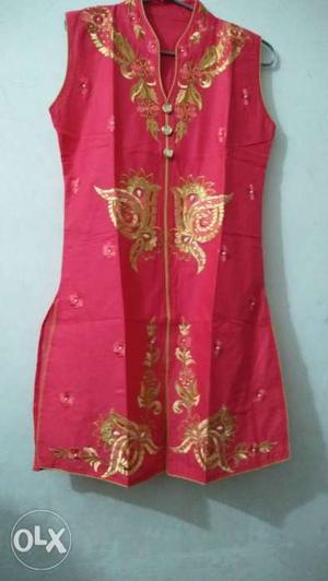 New light Red Cotton kurti with embroidery Size -