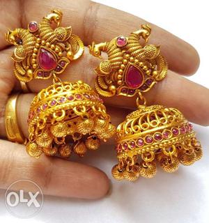 Pair Of Gold-colored-and-pink Jhumka Earrings