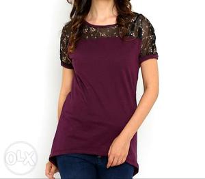 Women's Maroon And Black Crew-neck T-shirt