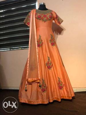 Women's Orange And Red Floral Traditional Dress
