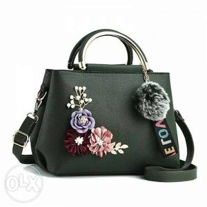 Black And Pink Floral Leather Tote Bag
