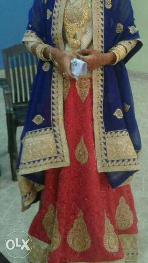 Blue And Red bridal lehanga Only One time used MRP. 