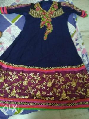 Ladies blue anarkali top with floral embroidery