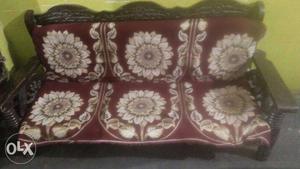 Brown And White Floral Fabric Loveseat