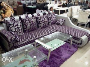 Solid colourful fabric L type sofa.