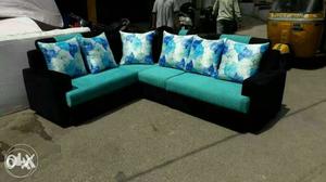 Teal And Black Floral Sectional Couch